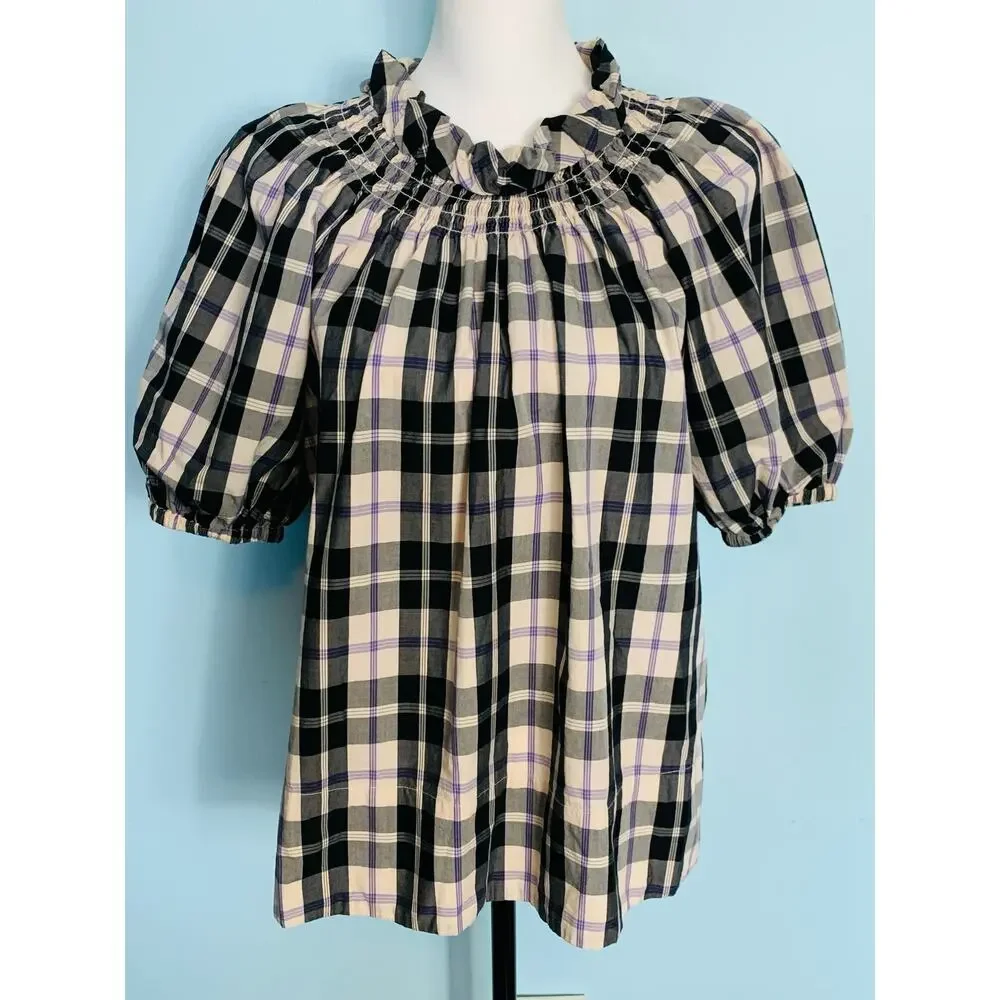 J. Crew Smocked-Neck Puff-Sleeve Top in Friday Plaid Size XS